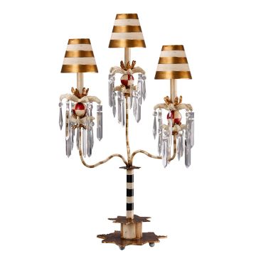 Birdland 3 Arm Table Lamp - Cream & Gold with Cream and Gold Striped Shade